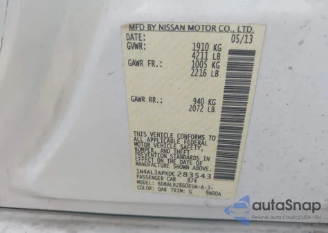 2013 Nissan Altima 2.5 S z USA, uszkodzony, nr VIN 1N4AL3APXDC283543